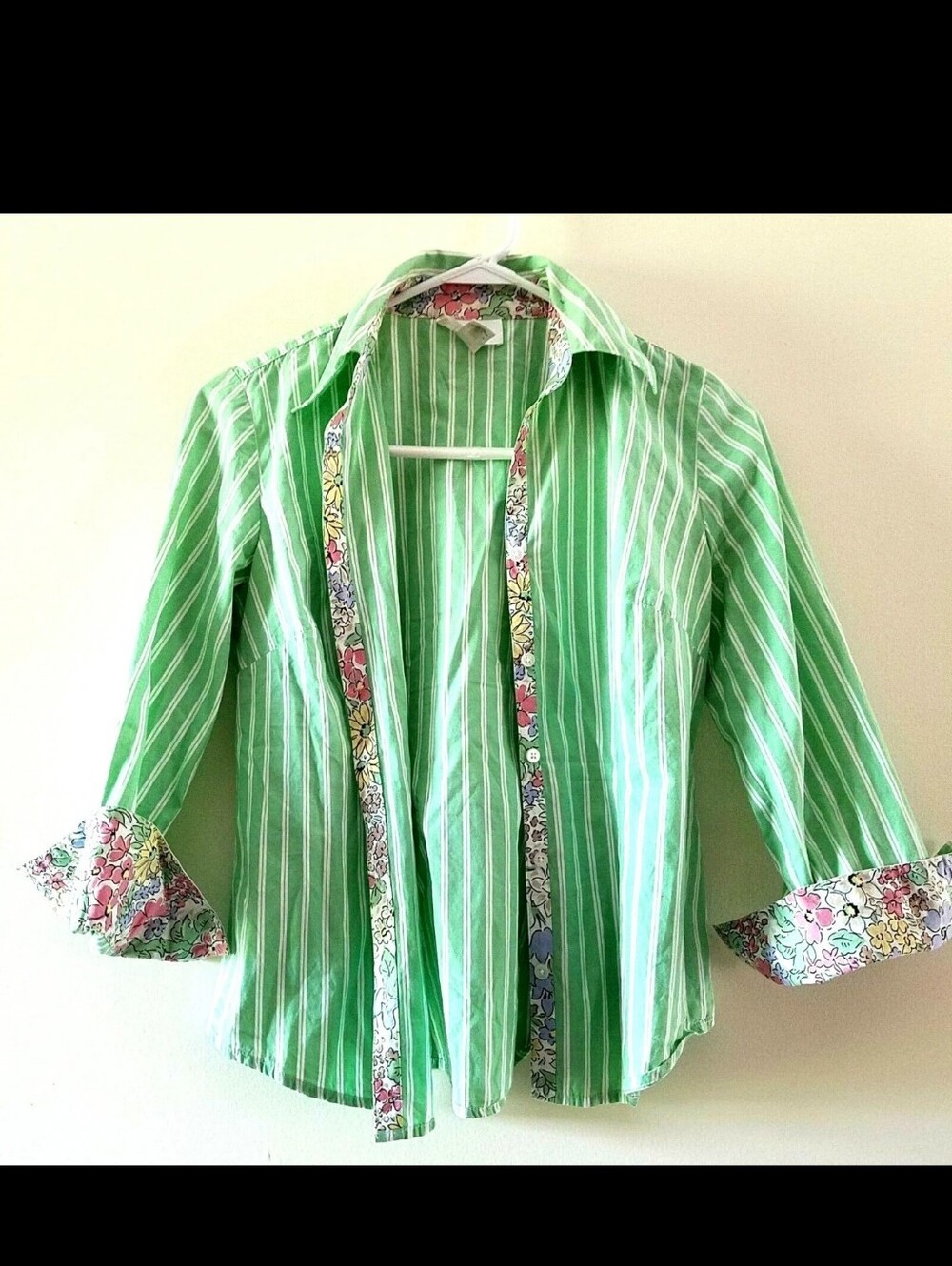 LOFT 100% cotton mint green/white striped button-up shirt with floral lining
